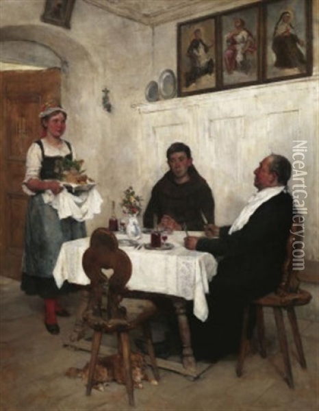 Vesperzeit. Ein Dirndl Serviert Geistlichen Das Mittagsmahl Oil Painting - Mathias Schmid