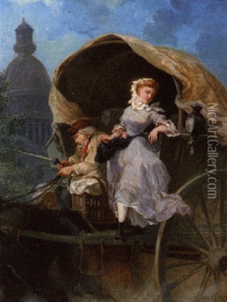 A Lady Leaving Her Carriage Oil Painting - Jules Achille Noel