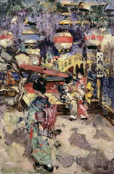 Japanese Street Scene with Lanterns and Bridge Oil Painting - Edward Atkinson Hornel