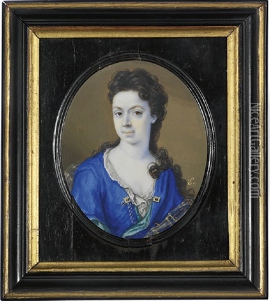 A Young Lady In Royal Blue Satin Open Gown With Celadon Green Lining Oil Painting - Bernard (Goupy) Lens III