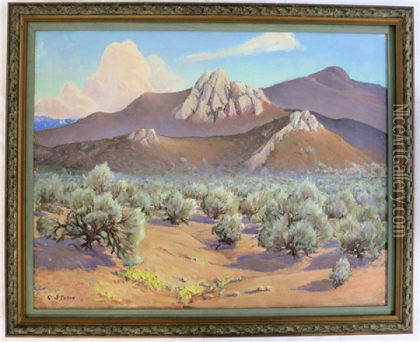 Oregon Desert Landscape With Sage Brush And Mountains Oil Painting - Cyrus J. Fulton
