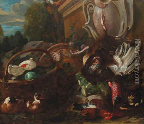 A dead turkey hanging on a rope from a sculpted cartouche on a pedestal Oil Painting - Candido Vitali