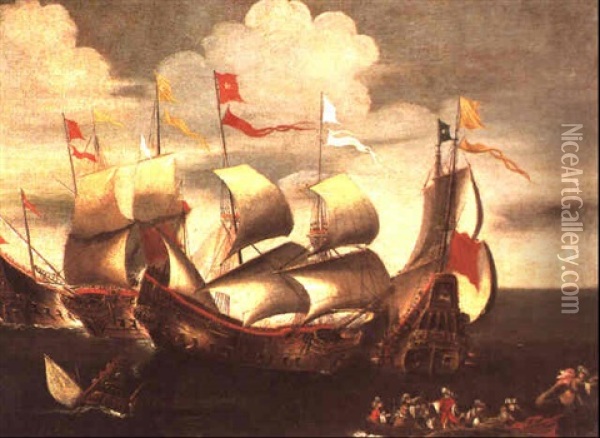 Combat Naval, Probablement Pres Du Port De Lepante, Que Don Juan D'autriche Gagne En 1571 Sur Les Turcs Oil Painting - Andries van Artvelt (Ertvelt)