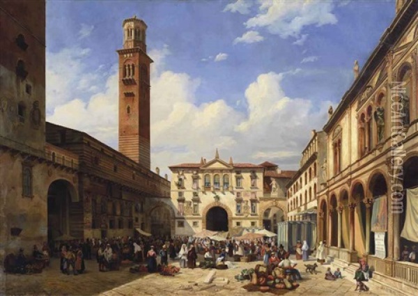 La Piazza Dei Signori A Verone Oil Painting - Eugene Latteux