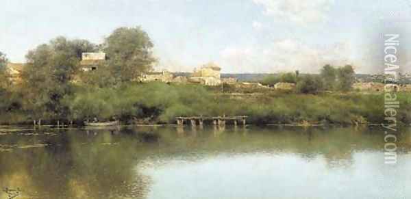 Figures in a Boat in a River Landscape with a Village beyond Oil Painting - Emilio Sanchez-Perrier