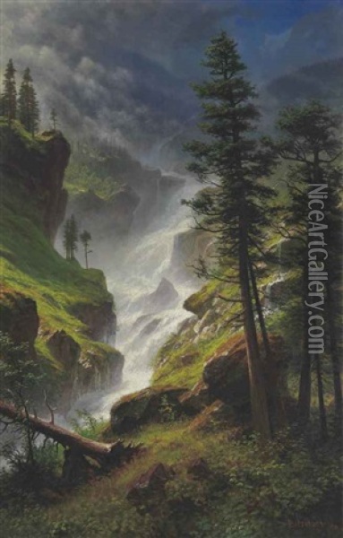 Rocky Mountain Waterfall Oil Painting - Albert Bierstadt