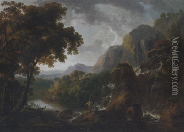 A Wooded Mountainous River Landscape With Anglers By A Waterfall In The Foreground, A Ruined Tower House In The Distance Oil Painting - George Barret