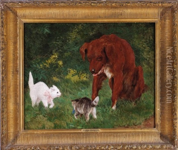 The Challenge: Two Cats And A Dog Oil Painting - James Carroll Beckwith