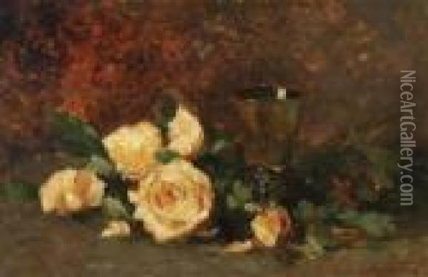 Still Life With Wine Gobletand Yellow Roses Oil Painting - Irving Ramsay Wiles