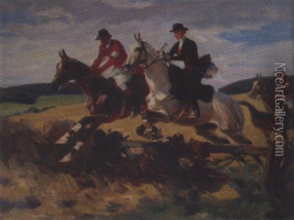 Pferde Mit Reiter, Uber Ein Hindernis Springen Oil Painting - Angelo Jank
