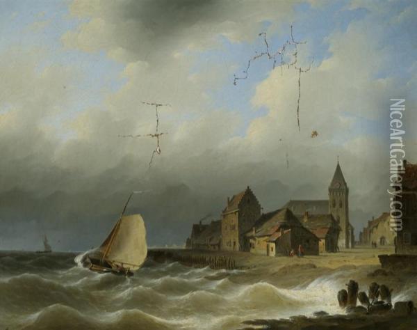 Sailing Vessels Off The Coast Near A Dutch Town Oil Painting - Herman Henry Op Der Heijde