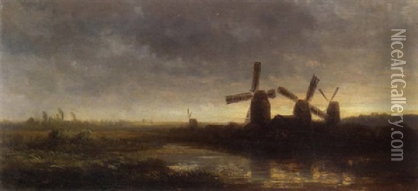 Hollandische Landschaft Mit Windmuhlen Oil Painting - Eduard Schleich the Elder