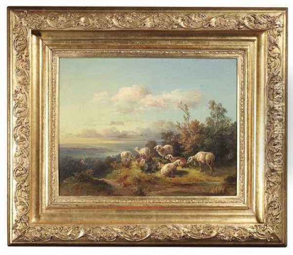 Schafherde Auf Einer Anhohe Oberhalb Einer Weiten Flusslandschaft Oil Painting - Franz Zeller (Edler) von Zellenberg