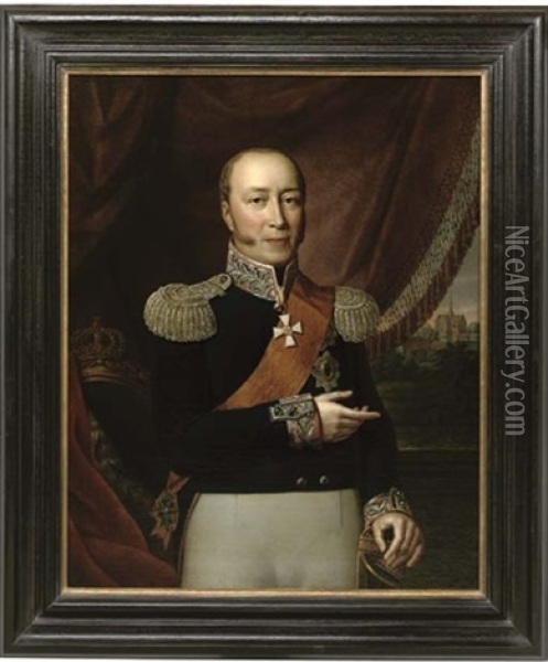 Portrait Of Friedrich Franz I, Grand Duke Of Mecklenburg-schwerin, Wearing The Black Uniform Of The Mecklenburg Infantry, A Sash And Badge Of The Order Of The Black And Red Eagle Of Prussia Oil Painting - Rudolph Friedrich Suhrlandt
