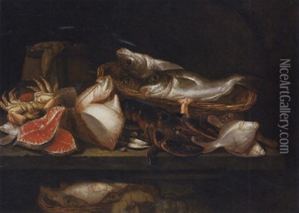 A Lobster, Salmon Steaks, Cod In A Basket, Plaice, A Skate, A Crab, Mussels And Other Fish On A Stone Table, A Barrel Beyond Oil Painting - Abraham van Beyeren