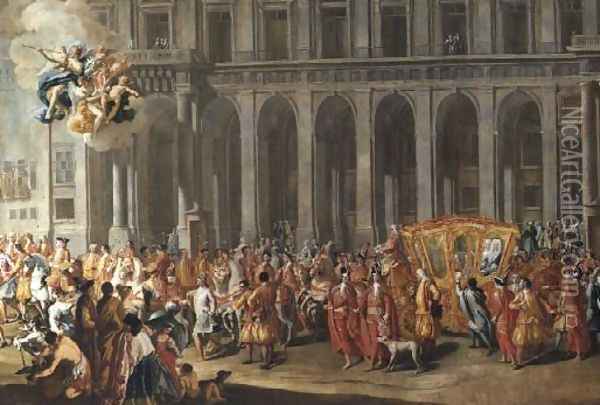 The Departure of Alois Thomas von Harrach, Viceroy of Naples 1669-1742 from the Palazzo Reale di Capodimonte Oil Painting - Nicolo Maria Russo or Rossi