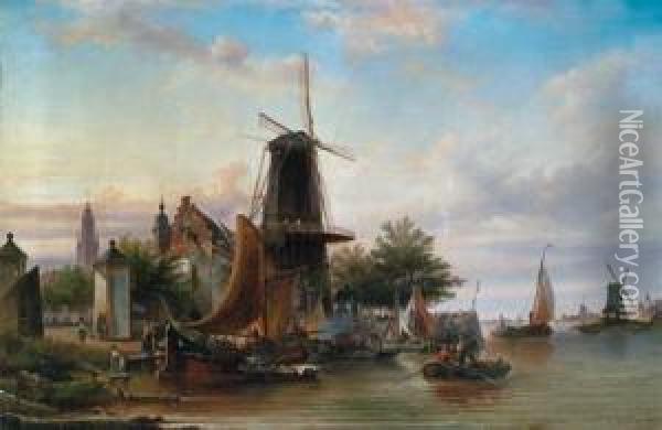 Stadtwal Undwindmuhle In Haarlem Oil Painting - Elias Pieter van Bommel