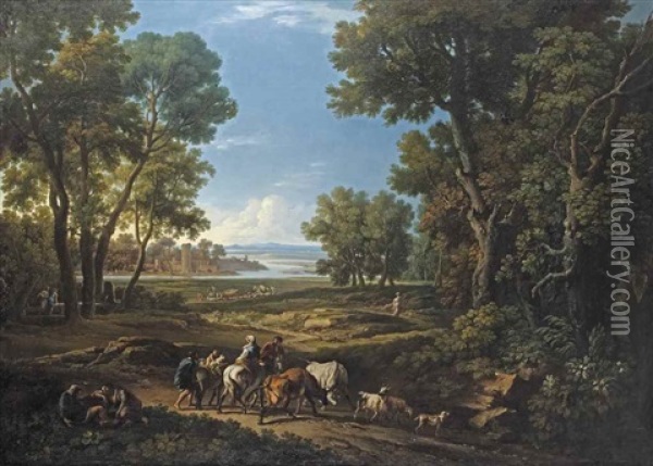 A Pastoral Landscape With A Family Travelling On Horseback And Figures Resting In The Foreground, Shepherds And Other Figures On The Path Beyond, A Town Wall On The River Bank In The Distance Oil Painting - Andrea Locatelli