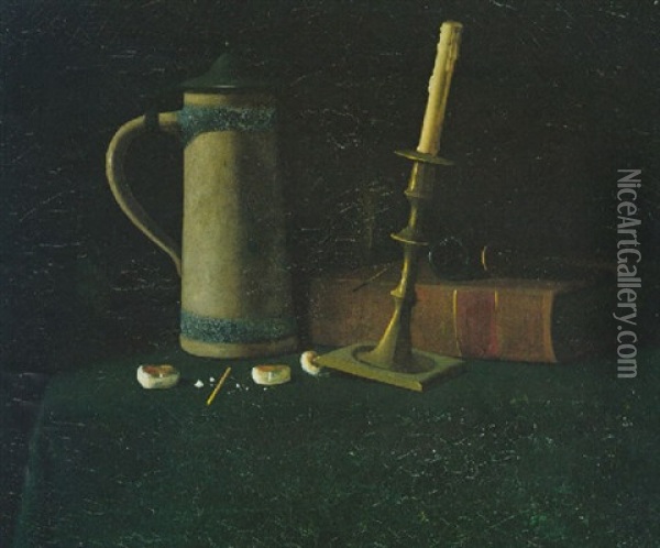 Still Life With Candlestick, Stein, Biscuits And Pipe Oil Painting - John Frederick Peto