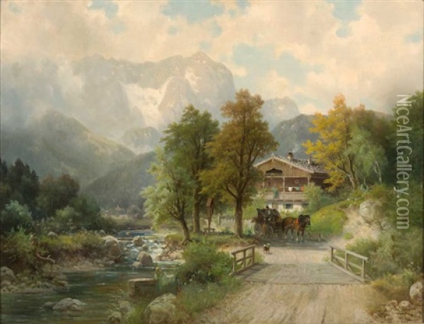 Tiroler Gebirgslandschaft Mit Gehoft An Einem Wildbach Oil Painting - Ludwig Sckell