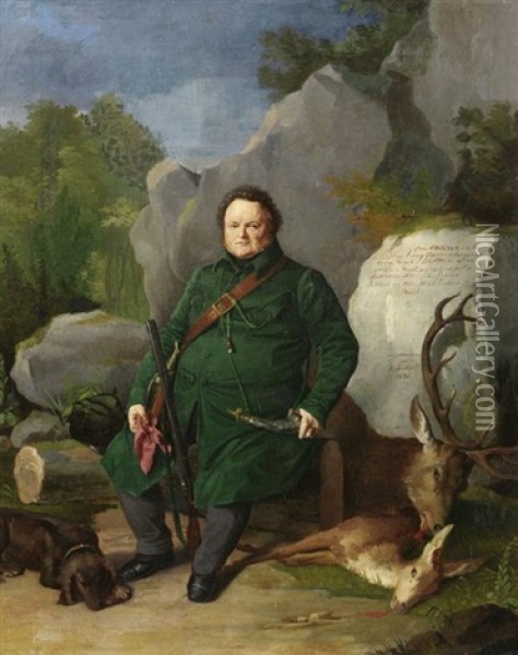 Der Jager Ludwig Glockler Mit Zwei Gleichzeitig Erlegten Hirschen Im Forst Oil Painting - Joseph Weber