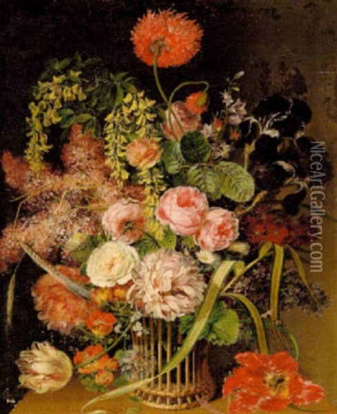 Opstilling Med Tulipaner, Roser, Guldregn Og Syrener Oil Painting - Claudius Ditlev Fritzsch