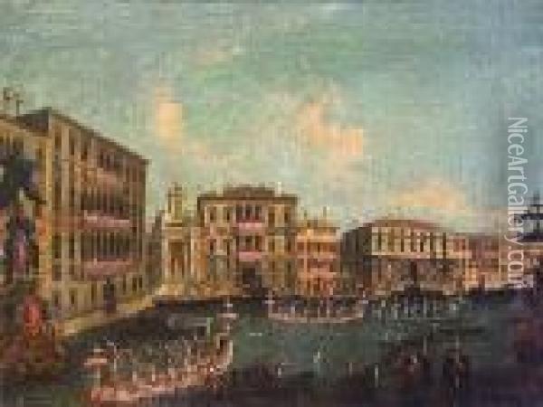 A Procession Of Gondolas Along The Grand Canal, Venice Oil Painting - (Giovanni Antonio Canal) Canaletto