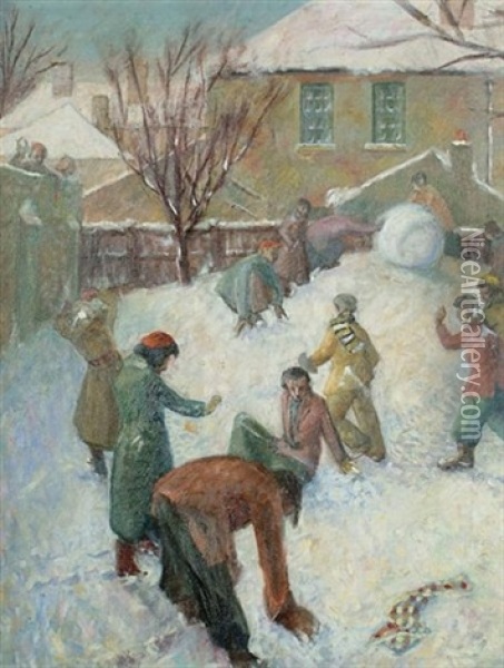 Figures In The Snow (+ Still Life, Verso) Oil Painting - Edwin Murray Mackay