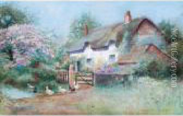 Country Cottage With Ducks Oil Painting - Arthur Stanley Wilkinson