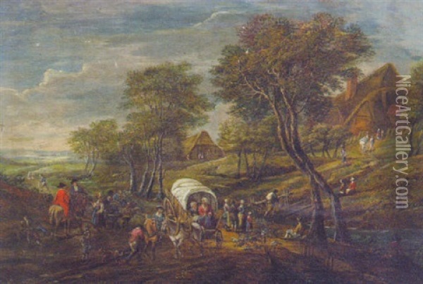 Peasants On A Track By A Stream, A Village Beyond Oil Painting - Pieter Bout