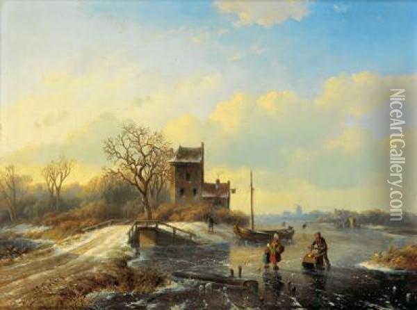 Paesaggio Invernale Olandese Con Pattinatori Oil Painting - Jan Jacob Coenraad Spohler