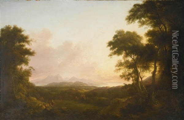 View Of Crosbie Castle In Ayrshire, With The Isle Of Arran Beyond Oil Painting - Alexander Nasmyth