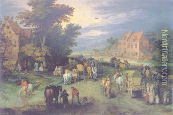 A Village Street With Carts, Villagers And Gentlefolk Oil Painting - Jan Brueghel the Elder