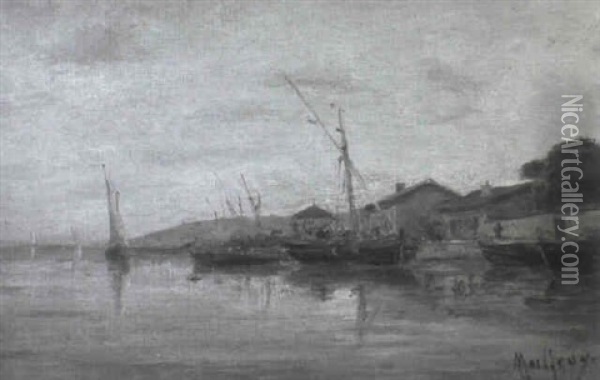 Kustenpartie Mit Segelbooten In Der Abenddammerung Oil Painting - Henri Malfroy-Savigny