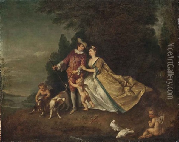 Portrait Of A Lady And Gentleman, As Venus And Adonis, In A Wooded Landscape Oil Painting - Nicolas Lancret