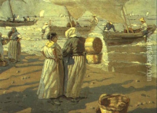 Esperando La Llegada De La Pesca En Valencia Oil Painting - Enrique Martinez Cubells y Ruiz