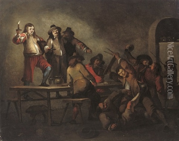 Soldiers Brawling In A Guardroom Oil Painting - Sebastien Bourdon