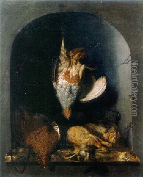 A Trompe L'oeil: A Grey Partridge Hanging Before A Stone Niche With A Dead Grouse, A Rabbit, Black Game And A Hunting Bag Oil Painting - Cornelis van Lelienbergh