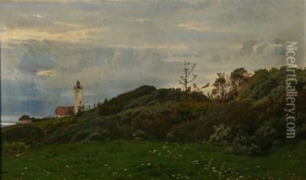 Summer Day At Rosnaes Lighthouse, Denmark Oil Painting - Harald Frederick Foss