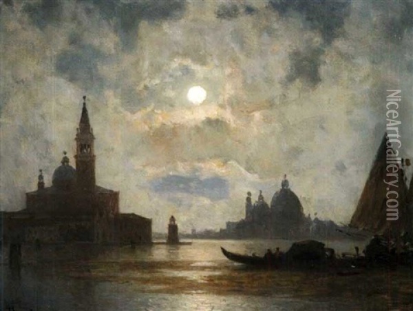 L'entree Du Grand Canal A Venise, Le Soir Oil Painting - Amedee Rosier