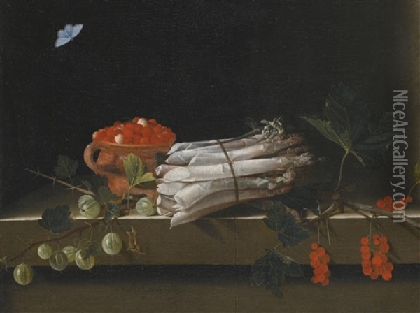 Still Life Of An Earthenware Bowl Of Wild Strawberries, A Bundle Of Asparagus And Sprigs Of Gooseberry And Redcurrants, All On A Stone Ledge With A Pale Blue Butterfly Above Oil Painting - Adriaen Coorte