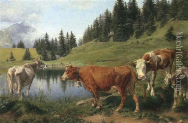 Kuhe Am Bergsee Oil Painting - Joseph Klemens Kaufmann