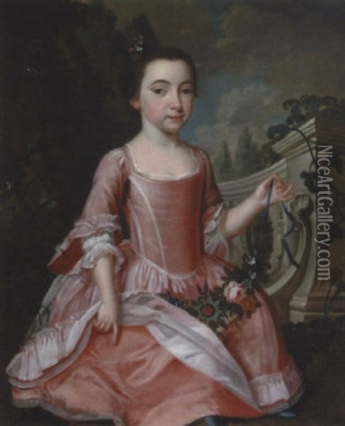 Portrait Of A Child Wearing A Pink Dress By A Balustrade Holding A Swag Of Flowers Oil Painting - Thomas Hudson