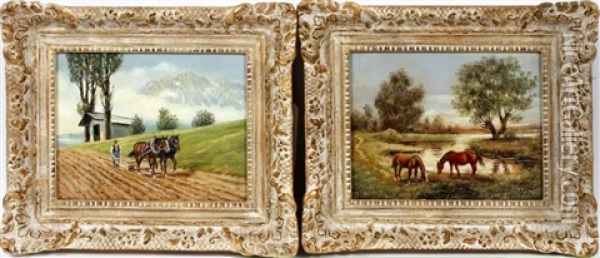 Austrian Landscape With Horses (pair) Oil Painting - Rudolf Ritter