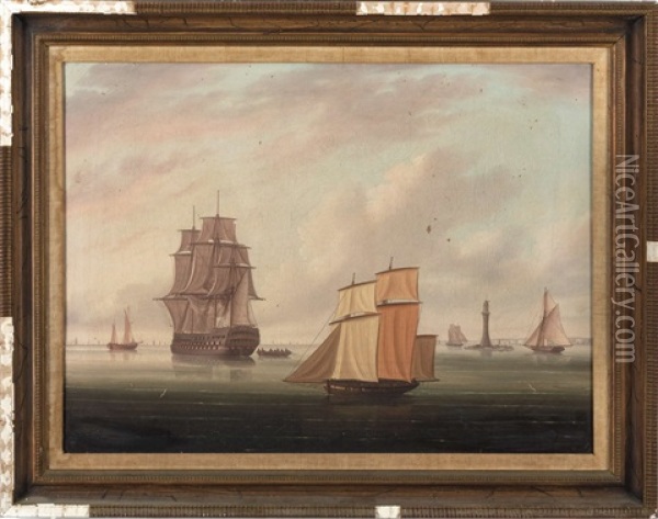 British Man 'o War At Anchor, With An Armed Brig In The Foreground Oil Painting - Thomas Buttersworth