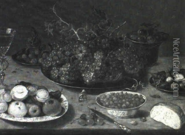 Berries In A Wan-li Bowl, A Pomegranate, Pear And Other     Fruit On A Wan-li Platter, Grapes On A Pewter Platter... Oil Painting - Osias Beert the Elder