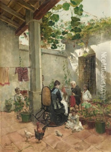 En El Patio Oil Painting - Joaquin Agrasot y Juan