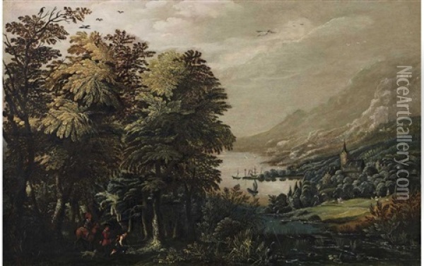 Landscape With Huntsmen Oil Painting - Frederick van Valckenborch