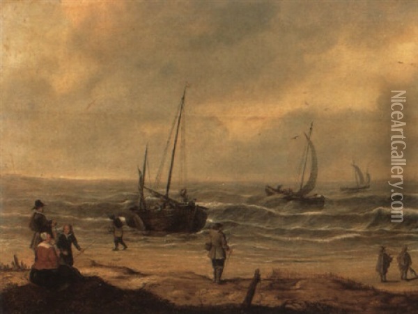 Fishermen Unloading Their Catch On A Beach With Other Vessels Oil Painting - Willem Gillisz Kool