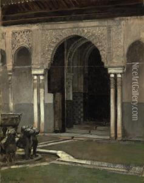 Courtyard Of The Lions In The Alhambra, Granada Oil Painting - Alberto Pasini